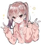  1girl blush brown_hair double_w hair_between_eyes hands_up hood hood_down hooded_jacket ikeuchi_tanuma jacket long_sleeves looking_at_viewer medium_hair original pink_jacket sketch sleeves_past_wrists smile solo star twintails w wavy_mouth 