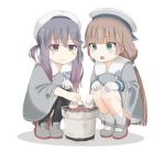  2girls :o bangs beret black_legwear blush brown_hair chopsticks cooking fur_trim gloves gradient_hair hair_ornament hairclip hat highres holding holding_chopsticks kantai_collection long_hair long_sleeves low_twintails mikura_(kantai_collection) mochi multicolored_hair multiple_girls open_mouth purple_hair sailor_hat sidelocks simple_background smile soba_(sobaya1938) socks squatting thigh-highs tsushima_(kantai_collection) twintails white_background white_gloves white_headwear white_legwear 