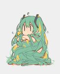  1girl absurdly_long_hair aqua_eyes aqua_hair chibi commentary crossed_arms full_body hair_ornament hatsune_miku highres kitsune_no_ko leg_hug long_hair solo squatting very_long_hair vocaloid white_background |_| 