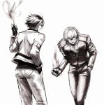  2boys anagumasan cross cross_necklace finger_gun fire hand_in_pocket highres hunched_over jacket jewelry k&#039; kusanagi_kyou male_focus multiple_boys necklace pyrokinesis short_hair sunglasses the_king_of_fighters white_hair 