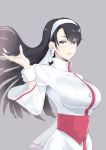  1girl alternate_hairstyle anagumasan artist_request bangs black_hair buttons earrings hairband highres jewelry kagura_chizuru long_hair sash simple_background the_king_of_fighters 