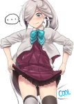  ... 1girl absurdres ahoge asashimo_(kantai_collection) asymmetrical_legwear bangs blue_neckwear blush bow bowtie dress english_text eyebrows_visible_through_hair green_panties grey_eyes hair_over_one_eye highres jacket kantai_collection kiritto lifted_by_self long_hair panties pantyshot ponytail purple_dress remodel_(kantai_collection) school_uniform sharp_teeth silver_hair simple_background skirt skirt_lift sleeves_rolled_up solo speech_bubble sweat teeth thigh-highs underwear very_long_hair white_background 