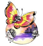  :d artsy-theo bug building butterfly city creature flying gen_6_pokemon happy insect looking_at_viewer no_humans ocean open_mouth outdoors pokemon pokemon_(creature) scatterbug signature sky smile spewpa twilight vivillon vivillon_(sun) 