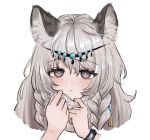  1girl animal_ear_fluff animal_ears arknights bangs braid cropped_shoulders english_commentary expressionless eyebrows_visible_through_hair grey_eyes grey_scarf hair_between_eyes hands_up head_chain kurisustinah leopard_ears leopard_girl long_hair portrait pramanix_(arknights) scarf simple_background solo twin_braids watch watch white_background 
