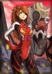  1girl blue_eyes bodysuit breasts brown_hair commentary eva_02_prime_beta evangelion:_3.0_you_can_(not)_redo eyepatch gloves goomrrat hair_ornament long_hair looking_at_viewer neon_genesis_evangelion plugsuit rebuild_of_evangelion red_bodysuit shikinami_asuka_langley solo souryuu_asuka_langley 