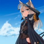  1girl ame. animal_ears arknights arm_up armband bangs black_coat black_pants blue_eyes blue_gloves blue_sky brown_shirt closed_mouth clouds coat commentary_request day elbow_gloves eyebrows_visible_through_hair gloves grani_(arknights) grey_hair hair_between_eyes highres long_hair looking_away open_clothes open_coat outdoors pants shirt short_sleeves sky smile solo very_long_hair visor wide_sleeves 