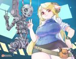  1girl 1other android animal_ears belt blonde_hair breasts cable highres horizontal_pupils horns large_breasts long_hair miniskirt original patreon_username sheep_ears sheep_girl sheep_horns shepherd0821 skirt source_request sweater tools v watch watermark web_address white_skin 