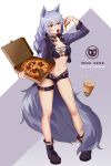  1girl absurdres animal_ears arknights bangs bare_legs bikini black_bikini black_footwear black_shorts boots breasts bubble_tea cross-laced_clothes cup drinking_straw eyebrows_visible_through_hair food full_body grey_background hair_between_eyes hand_up highres holding holding_food jacket long_hair long_sleeves medium_breasts navel open_clothes open_jacket open_mouth pizza pizza_box provence_(arknights) purple_jacket rfg_rozen short_shorts shorts sidelocks silver_hair solo standing star stomach swimsuit tail thigh_strap thighs tongue tongue_out two-tone_background white_background wolf_ears wolf_tail yellow_eyes 