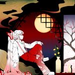 architecture bamboo bangs bow cherry_blossom_print choko_(cup) commentary cup east_asian_architecture floral_print flower fujiwara_no_mokou full_moon hair_bow hime_cut htangt long_hair looking_away moon pants red_eyes red_pants sidelocks sitting smoke suspenders tokkuri touhou vase very_long_hair white_hair window 