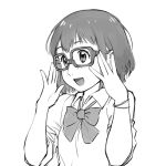  1girl breasts commentary_request glasses kurahashi_miho monochrome open_mouth school_uniform simple_background smile solo ueyama_michirou white_background z-kai z-kai:_cross_road 