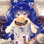  1girl bangle blue_bow blue_eyes blue_hair blush bow bracelet colored_eyelashes commentary_request cup debt disposable_cup drawstring eating fast_food food french_fries grey_hoodie hair_between_eyes hair_bow hamburger highres holding holding_food jewelry long_hair messy_hair nikorashi-ka solo sweat touhou two-handed upper_body very_long_hair wrapper yorigami_shion 