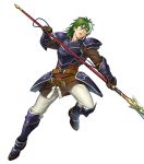  1boy armor belt boots fire_emblem fire_emblem:_the_blazing_blade fire_emblem_heroes full_body gloves green_eyes green_hair heath_(fire_emblem) highres long_hair male_focus multicolored_hair official_art open_mouth polearm solo spear teeth transparent_background two-tone_hair weapon white_hair 