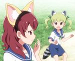  2girls animal_ear_fluff animal_ears bangs black_hairband blue_sailor_collar blue_skirt blurry blurry_background blush brown_eyes brown_hair closed_mouth commentary_request common_raccoon_(kemono_friends) day depth_of_field eyebrows_visible_through_hair fake_animal_ears fennec_(kemono_friends) fox_ears green_hair green_ribbon hair_ribbon hairband hand_up ibe_sayuri kemono_friends koisuru_asteroid long_hair multiple_girls neck_ribbon open_mouth outdoors pleated_skirt profile raccoon_ears raccoon_tail ribbon sailor_collar school_uniform serafuku shirosato shirt short_sleeves skirt smile striped_tail sweat tail twintails usami_ayano white_shirt 