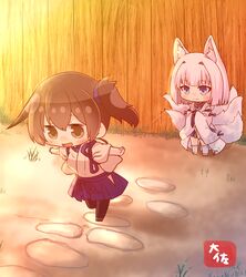  2girls animal_ears azur_lane blue_eyes blue_hakama blush brown_eyes brown_hair chibi commentary_request fox_ears fox_tail hakama hakama_skirt japanese_clothes jumping kaga_(battleship)_(azur_lane) kaga_(kantai_collection) kantai_collection kimono long_hair looking_at_viewer multiple_girls multiple_tails open_mouth outdoors side_ponytail smile standing tail taisa_(kari) white_hair wide_sleeves 