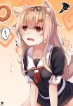  1girl absurdres animal_ear_fluff animal_ears black_ribbon black_serafuku blonde_hair blush breasts collarbone commentary_request dog_ears dog_girl dog_tail doughnut drooling eyebrows_visible_through_hair food hair_between_eyes hair_flaps hair_ornament hair_ribbon hairclip hibiki_zerocodo highres kantai_collection kemonomimi_mode long_hair medium_breasts neckerchief open_mouth pleated_skirt red_eyes remodel_(kantai_collection) ribbon school_uniform serafuku shirt short_sleeves simple_background skirt solo squiggle sweatdrop tail tail_wagging translated yuudachi_(kantai_collection) 