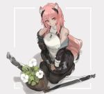  1girl ahoge animal_ear_fluff animal_ears arknights armor bangs barcode barcode_tattoo breasts earpiece eyebrows_visible_through_hair flower gravel_(arknights) guardless_sword hair_between_eyes headgear highres hood hoodie long_hair looking_at_viewer partial_bodysuit pink_hair plant potted_plant red_eyes shoes simple_background sin9 sleeveless smile solo tail tattoo thigh-highs weapon zipper 
