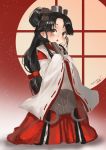  1girl black_hair blush brown_eyes brown_hair hair_ornament hair_ribbon hair_tie hakama headgear high_ponytail japanese_clothes kantai_collection long_hair long_sleeves looking_at_viewer miko multi-tied_hair nisshin_(kantai_collection) okobo open_mouth red_hakama red_ribbon ribbon ribbon-trimmed_sleeves ribbon_trim short_eyebrows solo thick_eyebrows toka_(marchlizard) very_long_hair wide_sleeves 