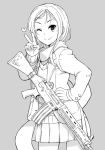  1girl assault_rifle borrowed_character enpera grey_background greyscale gun hand_on_hip hand_up heart howa_type_89 itou_(onsoku_tassha) jacket long_scarf long_sleeves looking_at_viewer machine_gun medium_hair monochrome one_eye_closed original pleated_skirt rifle scarf simple_background skirt solo standing v vest weapon weapon_request white_background 