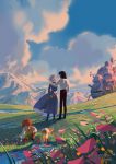  1girl 2boys black_hair blue_dress blue_sky clouds cloudy_sky couple day dog dress drinking flower grass heen hetero highres holding holding_flower howl_(howl_no_ugoku_shiro) howl_no_ugoku_shiro mariposa_nocturna markl mountain multiple_boys scenery shadow short_hair sky sophie_(howl_no_ugoku_shiro) water white_hair wind 