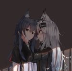  2girls :d animal_ear_fluff animal_ears arknights artist_name bangs black_capelet black_hair black_jacket blush breath brown_eyes capelet commentary eyebrows_visible_through_hair fang from_side grey_background grey_eyes hair_between_eyes hair_ornament hairclip head_tilt highres jacket lappland_(arknights) leria_v long_hair long_sleeves looking_at_another looking_at_viewer multiple_girls open_mouth profile shadow sidelocks signature silver_hair smile texas_(arknights) trembling upper_body white_jacket wolf_ears yuri 