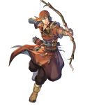  1boy arrow bandages bandana belt boots bow_(weapon) earrings fingerless_gloves fire_emblem fire_emblem:_the_blazing_blade fire_emblem_heroes full_body fur_trim gloves green_eyes green_hair highres jewelry male_focus official_art quiver rath_(fire_emblem) solo transparent_background weapon 