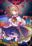  1girl alice_margatroid bangs blonde_hair blue_dress blue_eyes bow capelet commentary_request dress flower frills grimoire_of_alice hairband highres kazu_(muchuukai) painting_(object) petals rose short_hair solo touhou white_capelet 
