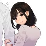  1boy 1girl arm_hug black_hair blush brown_eyes commentary highres looking_at_viewer looking_back mole mole_under_eye nail_polish netorare original red_nails simple_background smile solo_focus white_background yomu_(sgt_epper) 