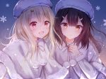  2girls :d bangs blonde_hair blush brown_hair capelet closed_mouth commentary eyebrows_visible_through_hair fate/kaleid_liner_prisma_illya fate_(series) frilled_sleeves frills fur-trimmed_capelet fur_hat fur_trim gradient gradient_background hair_ornament hairclip hand_on_own_chest hat illyasviel_von_einzbern lens_flare long_hair long_sleeves looking_at_viewer miyu_edelfelt multiple_girls nasii open_mouth pom_pom_(clothes) red_eyes revision ribbon smile snowflakes upper_body white_capelet white_headwear white_ribbon yellow_eyes 