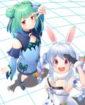  2girls animal_ears braid breasts bug butterfly carrot_hair_ornament commentary_request detached_sleeves double_bun flat_chest food_themed_hair_ornament gloves green_hair hair_ornament hair_ribbon highres hololive insect kazuyan long_hair looking_at_viewer multiple_girls open_mouth rabbit_ears red_eyes ribbon short_hair small_breasts twin_braids uruha_rushia usada_pekora v virtual_youtuber youtube 