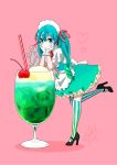  1girl 39 7meill alternate_costume apron aqua_eyes aqua_hair arm_rest black_footwear cherry closed_mouth commentary dated drinking_straw enmaided food frilled_skirt frills from_side fruit full_body garter_straps gloves gradient_hair hatsune_miku heart high_heels highres ice_cream ice_cream_float juliet_sleeves leaning_forward leg_up long_hair long_sleeves looking_at_viewer maid minigirl multicolored_hair petticoat pink_background puffy_short_sleeves puffy_sleeves short_sleeves signature simple_background skirt smile soda solo standing standing_on_one_leg striped striped_legwear twintails vocaloid waist_apron waitress white_gloves 