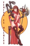  1girl adeptus_mechanicus awan0918 axe boots breasts brown_hair cyborg detached_sleeves full_body green_eyes highres long_hair mechanical_arms simple_background smile thigh-highs thigh_boots warhammer_40k 