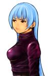  1girl :t absurdres blue_hair breasts closed_mouth commentary highres jacket kula_diamond long_hair pout red_eyes simple_background solo the_king_of_fighters the_king_of_fighters_2000 white_background 