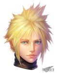  1boy artist_name bangs blue_eyes close-up closed_mouth cloud_strife earrings face final_fantasy final_fantasy_vii final_fantasy_vii_remake hair_between_eyes highres jewelry katoyo85 portrait spiky_hair sweater turtleneck turtleneck_sweater 