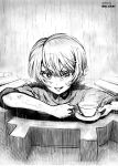  1girl absurdres artist_name bangs braid commentary cup darjeeling_(girls_und_panzer) dated evil_grin evil_smile eyebrows_visible_through_hair girls_und_panzer greyscale grin highres holding holding_cup holding_saucer looking_at_viewer monochrome outdoors rain saucer short_hair sleeves_rolled_up smile solo st._gloriana&#039;s_military_uniform tank_cupola teacup tied_hair tonan_leopard v-shaped_eyebrows wet wet_hair 