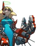  1girl blonde_hair breasts china_dress chinese_clothes cyborg dress hair_between_eyes halo highres koutetu_yarou large_breasts long_hair looking_at_viewer original oversized_forearms oversized_limbs robot_joints science_fiction solo violet_eyes white_background 