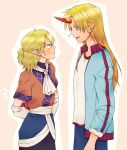  1boy 1girl ? arm_warmers arms_behind_back blonde_hair blue_jacket blush box commentary eye_contact fang genderswap genderswap_(ftm) gift gift_box green_hair height_difference highres horn hoshiguma_yuugi jacket long_hair looking_at_another mito_(mo96g) mizuhashi_parsee neckerchief open_clothes open_jacket pointy_ears red_eyes short_sleeves sleeves_rolled_up star touhou track_jacket valentine white_neckwear 