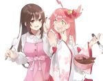  2girls absurdres alternate_costume apron bare_shoulders blush bowl brown_eyes brown_hair buttons cherry_blossom_print chocolate chocolate_making chocolate_on_fingers detached_sleeves floral_print frills green_eyes hair_ornament highres hololive kase_(kurimuzone_oruta) multiple_girls one_side_up open_mouth pink_hair sakura_miko spilling surprised tokino_sora tokino_sora_channel virtual_youtuber whisk white_background wide_sleeves 