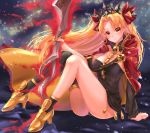  1girl absurdres artist_name ass bangs blonde_hair blush bow breasts cape commentary_request earrings ereshkigal_(fate/grand_order) eyebrows_visible_through_hair fate/grand_order fate_(series) hair_ribbon highres holding holding_weapon huge_filesize jewelry large_breasts long_hair looking_at_viewer milky_way night night_sky parted_bangs red_eyes ribbon sitting skull sky smile solo star_(sky) tiara twintails two_side_up wakana_art weapon 