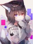  1girl animal_ear_fluff animal_ears animal_print brown_hair expressionless heterochromia highres hood hood_down hooded_jacket jacket long_sleeves mask mask_pull original paw_pose red_eyes rukako short_hair sleeves_past_wrists surgical_mask tail violet_eyes wolf_ears wolf_girl wolf_tail 