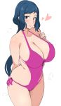  1girl arm_behind_back bikini blue_eyes blue_hair blush breasts commentary_request gundam gundam_build_fighters halterneck heart highres huge_breasts iori_rinko long_hair looking_at_viewer mature mhs midriff mole_on_stomach navel pink_bikini ponytail side-tie_bikini simple_background smile solo swimsuit very_long_hair white_background 