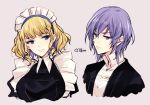  1boy 1girl blonde_hair blue_eyes butler closed_mouth constance_von_nuvelle earrings fire_emblem fire_emblem:_three_houses jewelry maid maid_headdress multicolored_hair naho_(pi988y) purple_hair short_hair simple_background twitter_username upper_body violet_eyes yuri_(fire_emblem) 