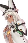  1girl beltbra breasts closed_mouth dark_skin guilty_gear guilty_gear_xrd hat long_hair looking_at_viewer orange_eyes ramlethal_valentine simple_background solo soukitsu white_background 