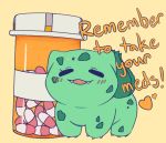  blush bulbacactus bulbasaur claws closed_eyes commentary creature english_commentary english_text full_body gen_1_pokemon heart medicine no_humans open_mouth pill pokemon pokemon_(creature) simple_background solo standing text_focus yellow_background 