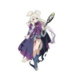  1girl animal_ear_fluff animal_ears blonde_hair blue_eyes boots braid cape full_body long_hair looking_at_viewer multicolored_hair official_art purple_hair rebecca_(world_flipper) smile solo staff streaked_hair tachi-e tail transparent_background twin_braids twintails very_long_hair world_flipper 