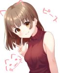  1girl bangs bare_arms bare_shoulders blush brown_eyes brown_hair drawn_ears eyebrows_visible_through_hair hand_up highres long_hair looking_at_viewer mole mole_on_neck original parted_lips red_shirt shirt simple_background sleeveless sleeveless_shirt smile solo tsukiman upper_body v white_background 