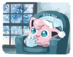  :d armchair artsy-theo chair creature cup full_body gen_1_pokemon happy hat holding holding_cup indoors jigglypuff mug nightcap no_humans open_mouth pokemon pokemon_(creature) sitting smile snowing solo steam window 