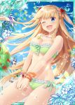  2girls ball bare_shoulders beach beach_volleyball bikini blonde_hair blue_eyes food fruit gauntlets green_bikini hair_ornament jewelry lemon lemon_slice long_hair looking_at_viewer multiple_girls natsumekinoko necklace official_art one_eye_closed open_mouth pineapple shinkai_no_valkyrie strawberry swimsuit watermelon 