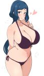  1girl arm_behind_back bikini black_bikini blue_eyes blue_hair blush breasts commentary_request gundam gundam_build_fighters halterneck heart highres huge_breasts iori_rinko long_hair looking_at_viewer mature mhs mole_on_stomach ponytail side-tie_bikini simple_background smile solo swimsuit very_long_hair white_background 