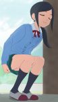  1girl black_hair blue_cardigan cardigan closed_mouth green_skirt haruyama_kazunori healin&#039;_good_precure long_sleeves precure red_neckwear red_ribbon ribbon sawaizumi_chiyu shoes skirt smile socks solo squatting white_footwear 