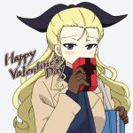  1girl assam_(girls_und_panzer) bag black_ribbon blonde_hair blue_eyes blue_scarf blush brown_coat brown_gloves carrying coat commentary covering_mouth english_text gift girls_und_panzer gloves grey_background hair_pulled_back hair_ribbon happy_valentine holding holding_gift ichinose_jun long_hair long_sleeves looking_at_viewer ribbon scarf school_bag solo upper_body 
